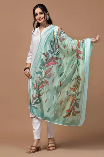 Digital Ethnic Motif Print Orgenza Khadi Silk Crochet Work Regular Dupatta Wear on Kurti For Women and Girls