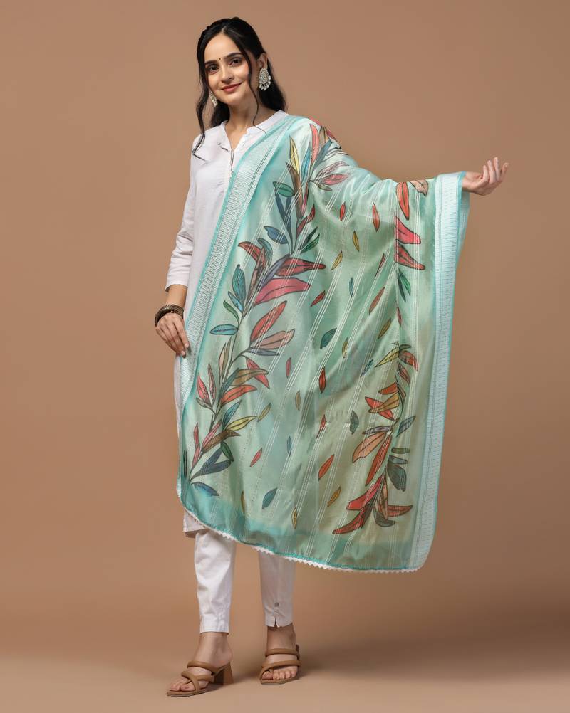 Digital Ethnic Motif Print Orgenza Khadi Silk Crochet Work Regular Dupatta Wear on Kurti For Women and Girls