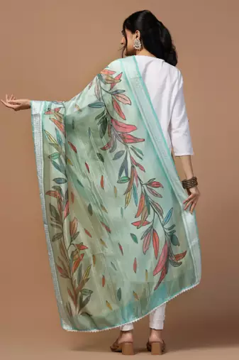 Digital Ethnic Motif Print Orgenza Khadi Silk Crochet Work Regular Dupatta Wear on Kurti For Women and Girls
