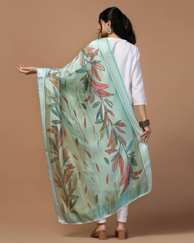 Digital Ethnic Motif Print Orgenza Khadi Silk Crochet Work Regular Dupatta Wear on Kurti For Women and Girls