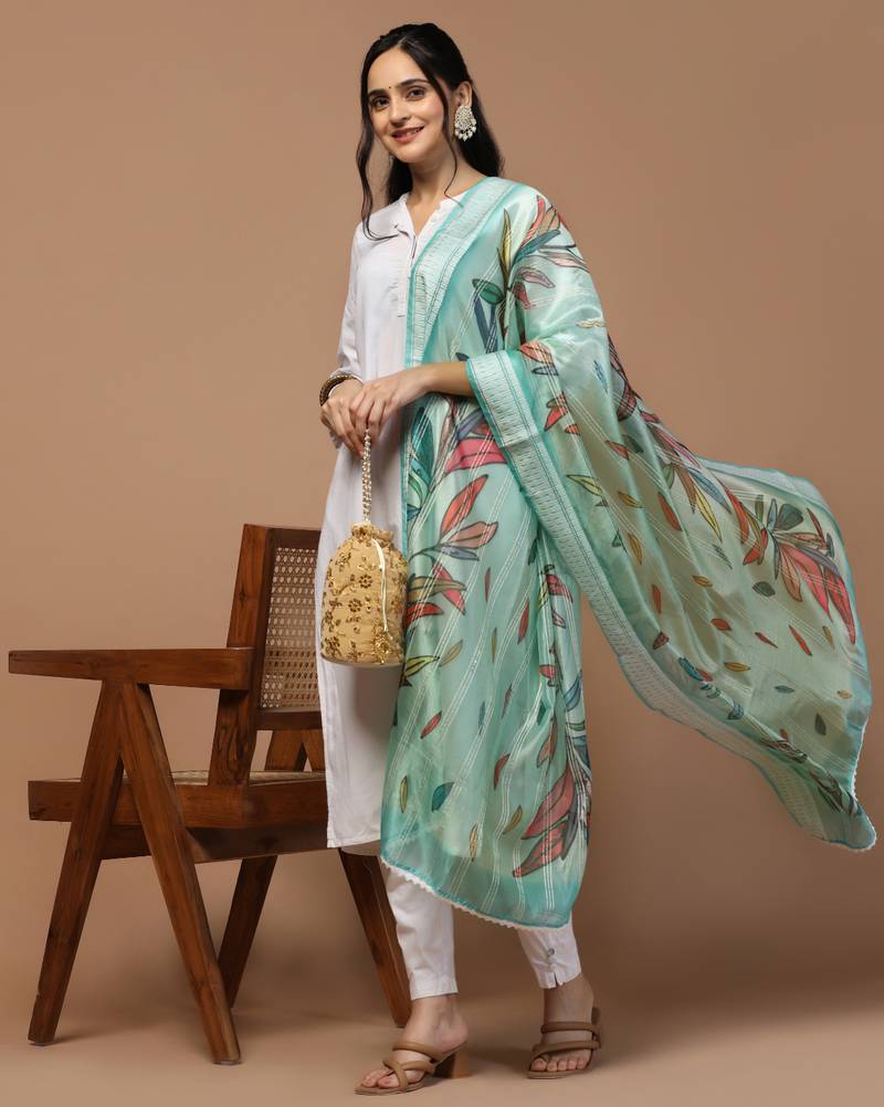 Digital Ethnic Motif Print Orgenza Khadi Silk Crochet Work Regular Dupatta Wear on Kurti For Women and Girls