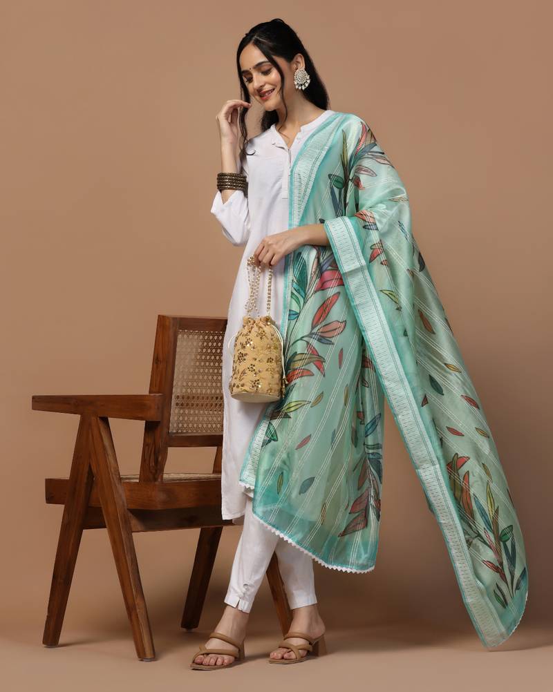Digital Ethnic Motif Print Orgenza Khadi Silk Crochet Work Regular Dupatta Wear on Kurti For Women and Girls