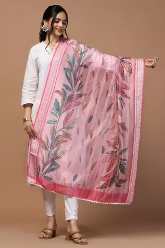Digital Ethnic Motif Print Orgenza Khadi Silk Crochet Work Regular Dupatta Wear on Kurti For Women and Girls