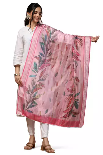Digital Ethnic Motif Print Orgenza Khadi Silk Crochet Work Regular Dupatta Wear on Kurti For Women and Girls