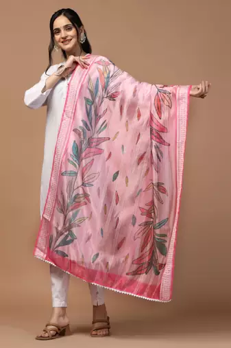 Digital Ethnic Motif Print Orgenza Khadi Silk Crochet Work Regular Dupatta Wear on Kurti For Women and Girls