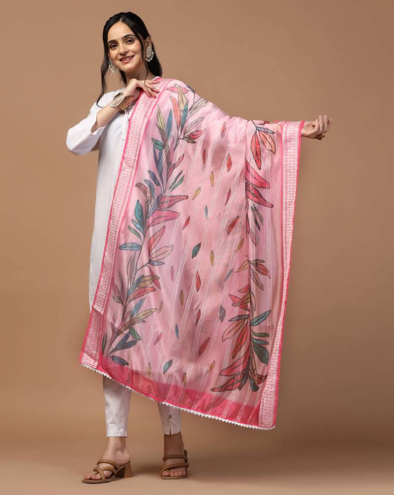 Digital Ethnic Motif Print Orgenza Khadi Silk Crochet Work Regular Dupatta Wear on Kurti For Women and Girls