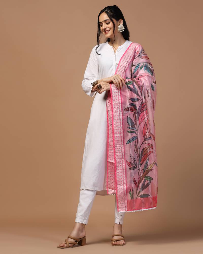 Digital Ethnic Motif Print Orgenza Khadi Silk Crochet Work Regular Dupatta Wear on Kurti For Women and Girls