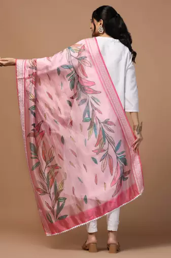 Digital Ethnic Motif Print Orgenza Khadi Silk Crochet Work Regular Dupatta Wear on Kurti For Women and Girls