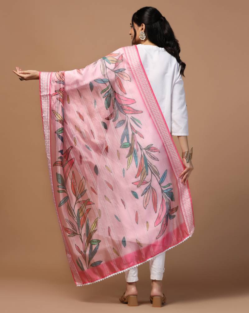 Digital Ethnic Motif Print Orgenza Khadi Silk Crochet Work Regular Dupatta Wear on Kurti For Women and Girls