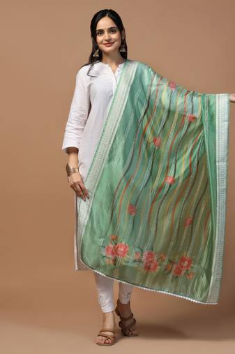 Digital Ethnic Motif Print Orgenza Khadi Silk Crochet Work Regular Dupatta Wear on Kurti For Women and Girls