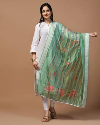 Digital Ethnic Motif Print Orgenza Khadi Silk Crochet Work Regular Dupatta Wear on Kurti For Women and Girls 1