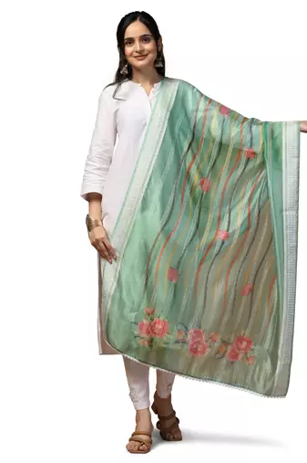 Digital Ethnic Motif Print Orgenza Khadi Silk Crochet Work Regular Dupatta Wear on Kurti For Women and Girls
