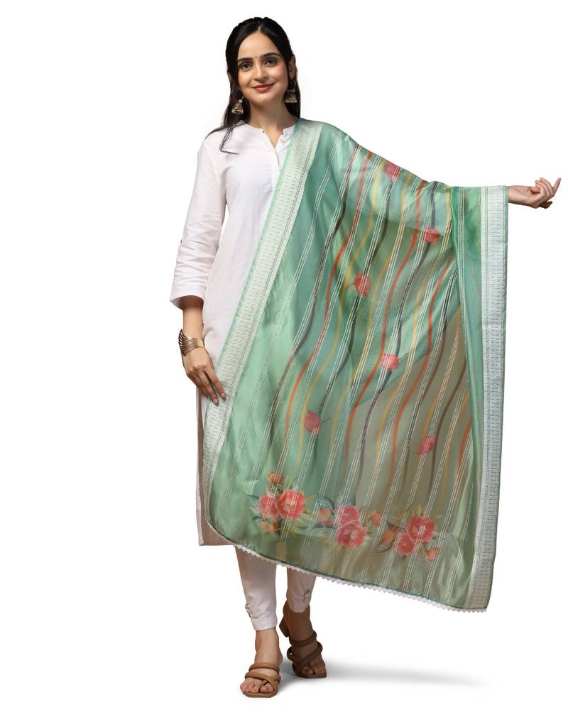 Digital Ethnic Motif Print Orgenza Khadi Silk Crochet Work Regular Dupatta Wear on Kurti For Women and Girls