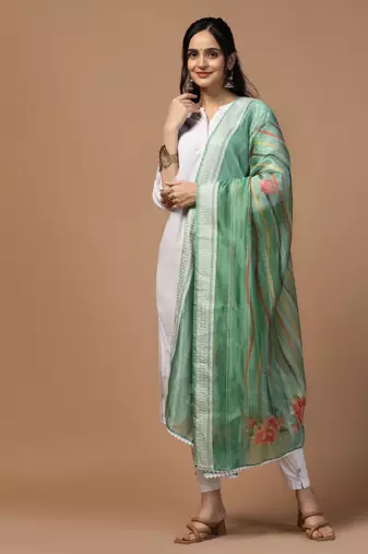 Digital Ethnic Motif Print Orgenza Khadi Silk Crochet Work Regular Dupatta Wear on Kurti For Women and Girls