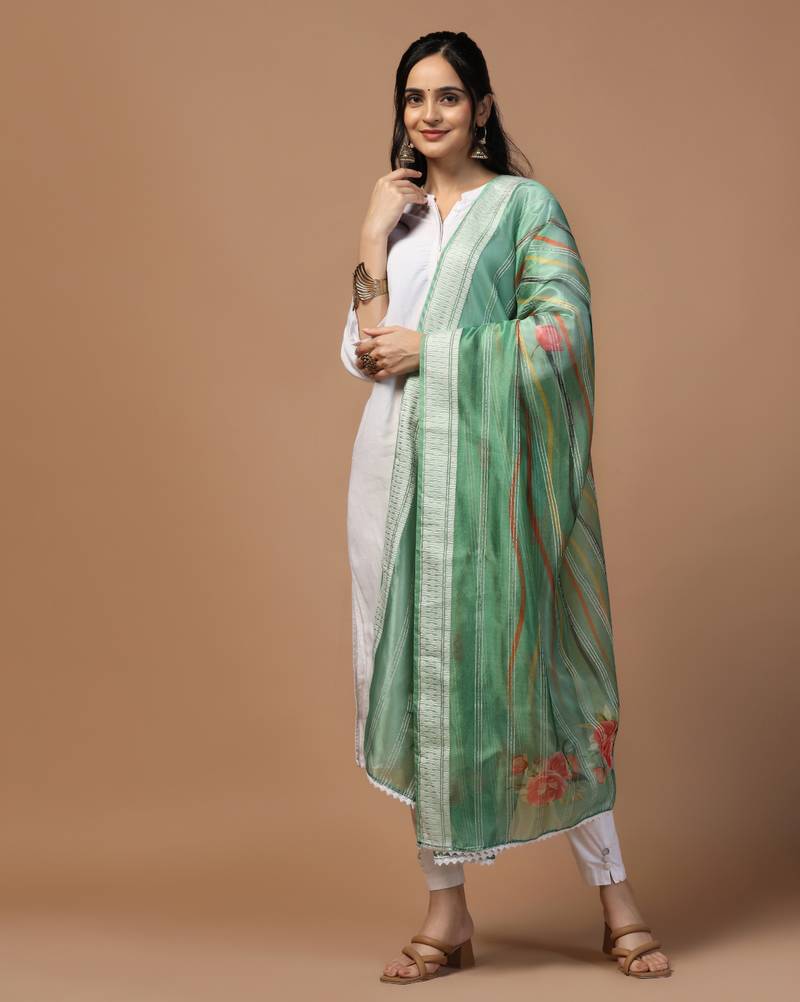 Digital Ethnic Motif Print Orgenza Khadi Silk Crochet Work Regular Dupatta Wear on Kurti For Women and Girls