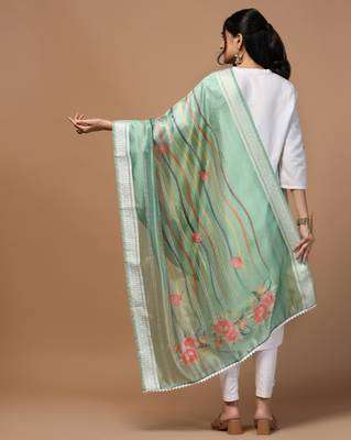Digital Ethnic Motif Print Orgenza Khadi Silk Crochet Work Regular Dupatta Wear on Kurti For Women and Girls 4
