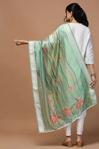 Digital Ethnic Motif Print Orgenza Khadi Silk Crochet Work Regular Dupatta Wear on Kurti For Women and Girls