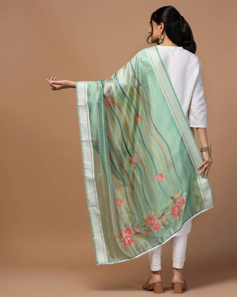 Digital Ethnic Motif Print Orgenza Khadi Silk Crochet Work Regular Dupatta Wear on Kurti For Women and Girls