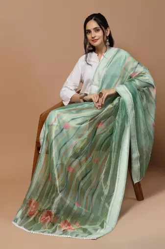 Digital Ethnic Motif Print Orgenza Khadi Silk Crochet Work Regular Dupatta Wear on Kurti For Women and Girls