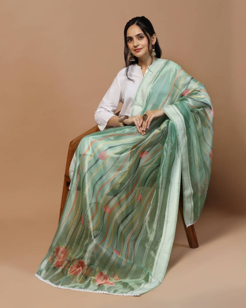 Digital Ethnic Motif Print Orgenza Khadi Silk Crochet Work Regular Dupatta Wear on Kurti For Women and Girls