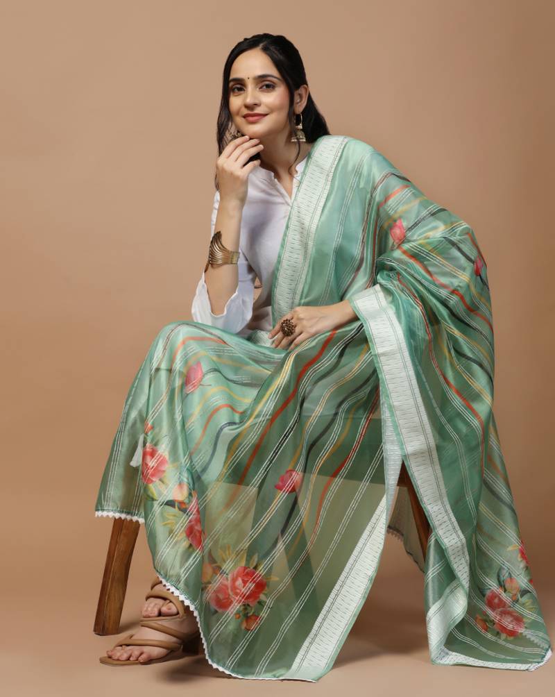 Digital Ethnic Motif Print Orgenza Khadi Silk Crochet Work Regular Dupatta Wear on Kurti For Women and Girls