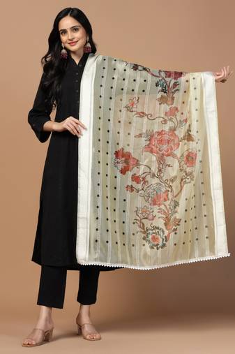 Digital Ethnic Motif Print Orgenza Khadi Silk Crochet Work Regular Dupatta Wear on Kurti For Women and Girls