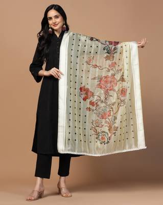 Digital Ethnic Motif Print Orgenza Khadi Silk Crochet Work Regular Dupatta Wear on Kurti For Women and Girls 1