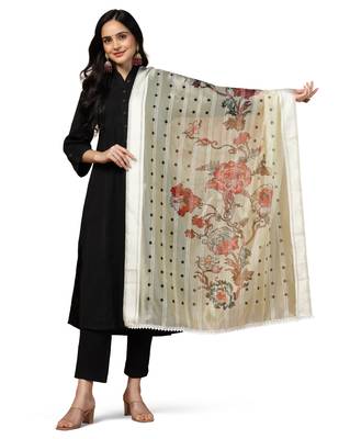 Digital Ethnic Motif Print Orgenza Khadi Silk Crochet Work Regular Dupatta Wear on Kurti For Women and Girls 2