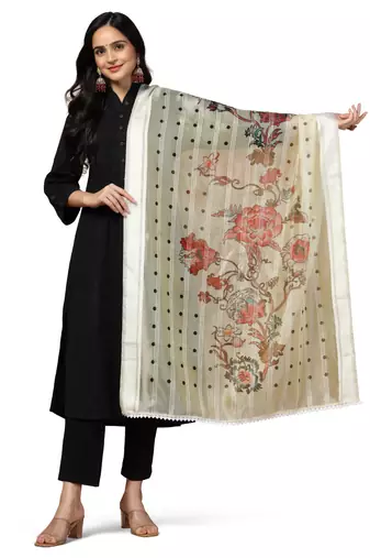 Digital Ethnic Motif Print Orgenza Khadi Silk Crochet Work Regular Dupatta Wear on Kurti For Women and Girls