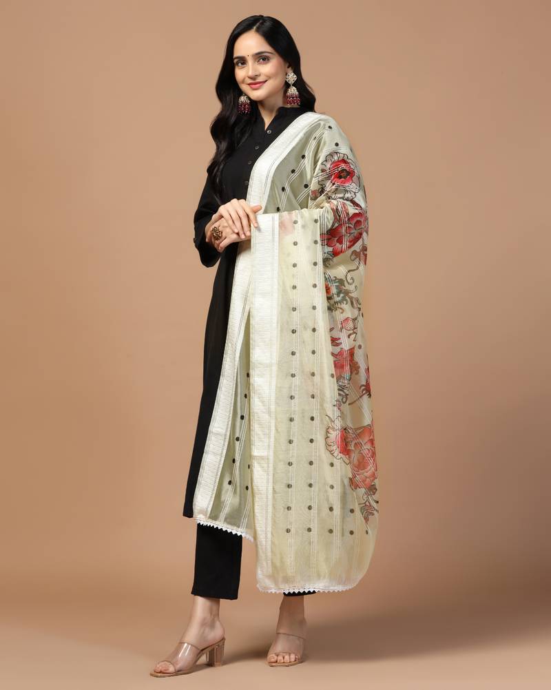 Digital Ethnic Motif Print Orgenza Khadi Silk Crochet Work Regular Dupatta Wear on Kurti For Women and Girls