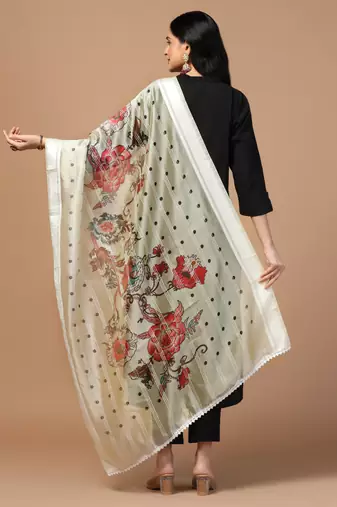 Digital Ethnic Motif Print Orgenza Khadi Silk Crochet Work Regular Dupatta Wear on Kurti For Women and Girls