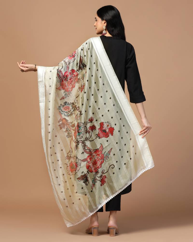 Digital Ethnic Motif Print Orgenza Khadi Silk Crochet Work Regular Dupatta Wear on Kurti For Women and Girls