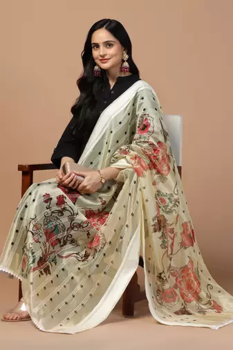 Digital Ethnic Motif Print Orgenza Khadi Silk Crochet Work Regular Dupatta Wear on Kurti For Women and Girls
