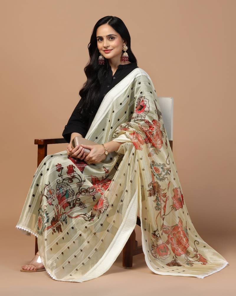 Digital Ethnic Motif Print Orgenza Khadi Silk Crochet Work Regular Dupatta Wear on Kurti For Women and Girls