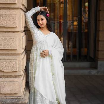 Off white Luckhnowi Sequins Work Gown pent and dupatta suit set    3