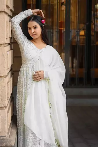 Off white Luckhnowi Sequins Work Gown pent and dupatta suit set   