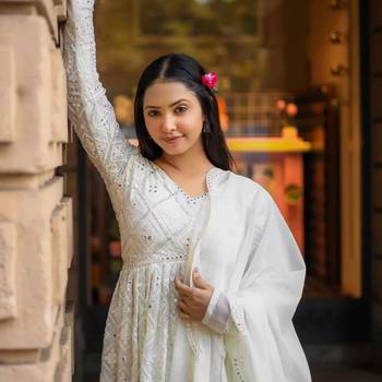 Off white Luckhnowi Sequins Work Gown pent and dupatta suit set    4