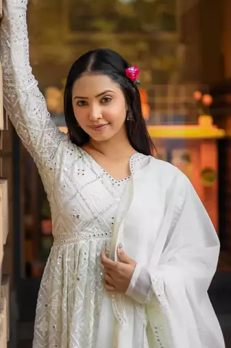 Off white Luckhnowi Sequins Work Gown pent and dupatta suit set   
