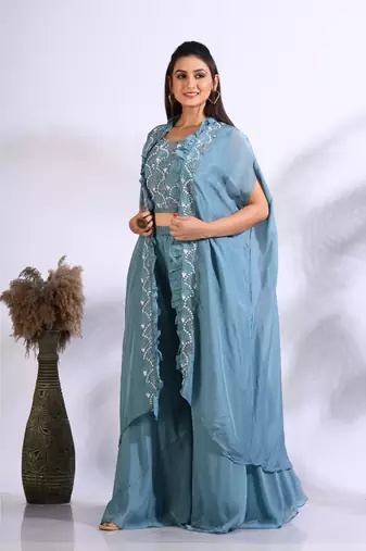Blue top plazo with jacket with hand embroidery