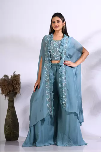 Blue top plazo with jacket with hand embroidery