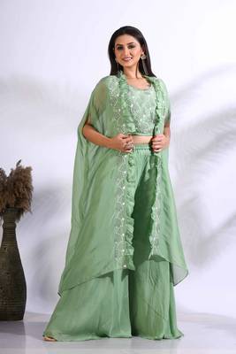 Green top plazo with jacket with hand embroidery 1