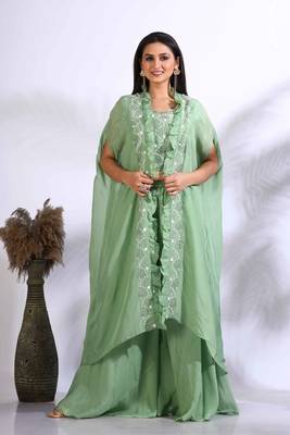 Green top plazo with jacket with hand embroidery 3