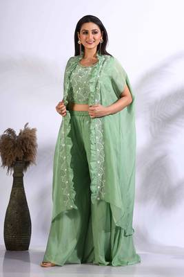 Green top plazo with jacket with hand embroidery 4