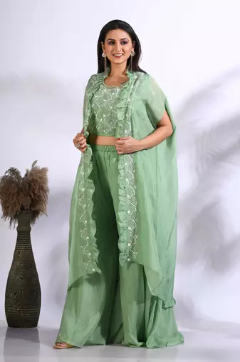 Green top plazo with jacket with hand embroidery