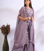 Dark purple top plazo with jacket with hand embroidery