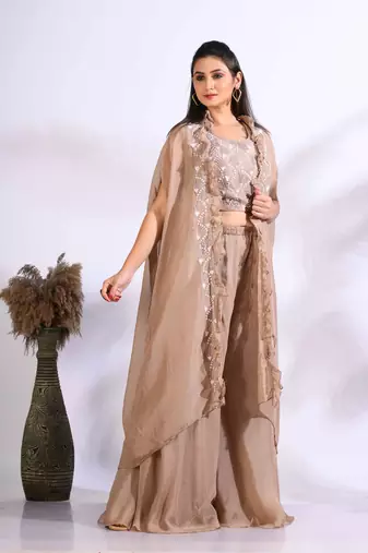 Brown top plazo with jacket with printed