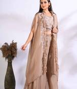 Brown top plazo with jacket with printed