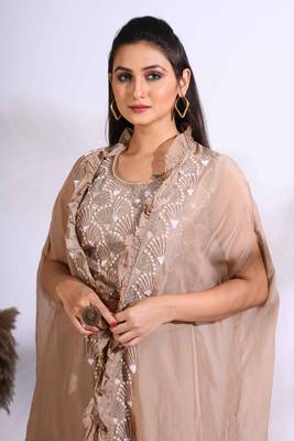Brown top plazo with jacket with printed 2
