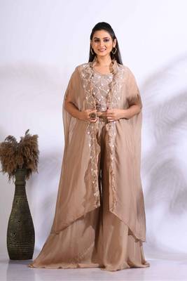Brown top plazo with jacket with printed 3