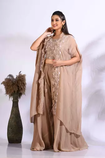 Brown top plazo with jacket with printed